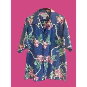 VINTAGE‎ Men's RAI NANI Blue Pink Floral Hawaiian Shirt 2XL Made In Hawaii USA